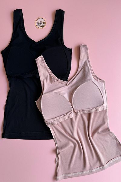 Elosia Chic Drape |   Modal 2-Piece V-Neck Bra, Black and Powder Color Camisole Women's Tank-Blouse