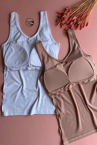 VicTroy Bratique 2’li | Modal Kaşkorse Kumaş Beyaz Ve Pudra V Yaka Kadın Bluz