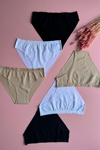 Elosia Cotton |   6-Piece Black, White and Tan Color Seamless Laser Cut Non-Marking Women's Panties 50E27