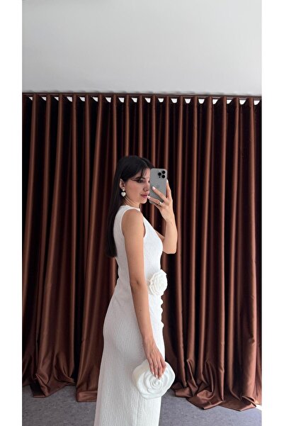 HAZELANNA Seyyar Broşlu Fisto Detaylı Beyaz Elbise