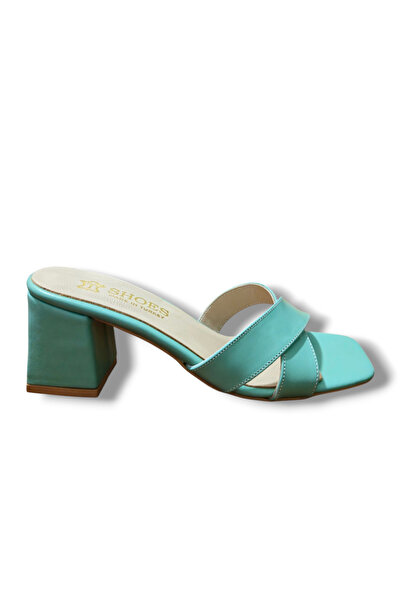 BARONES SHOES Water Green Genuine Skin Leather Heeled Women's Slippers