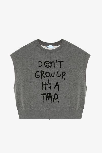 Quzu Text Printed Ribbed Waist Sleeveless Sweatshirt Anthracite