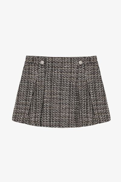 Quzu Μίνι φούστα Tweed με πλισέ αξεσουάρ με κουμπιά καφέ