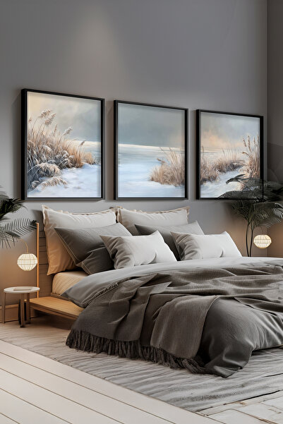 STARYUNA Kış Manzaralı Yağlıboya Efektli Üçlü Ahşap Siyah Çerçeveli Modern Bo...