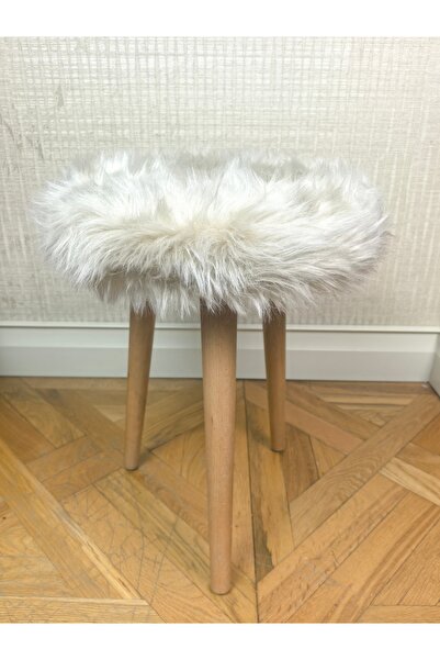 decosense Uzun Tüylü Yumuşacık Peluş Kumaşlı Ahşap Gürgen Ayaklı puf Tabure B...
