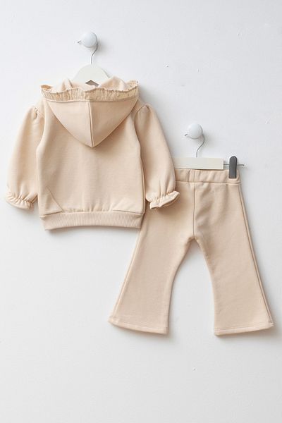 Minipodyum Hooded Heart Detailed Pocket Baby Girl Top and Bottom Set