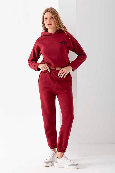 GİYSA Women's Hooded California Embroidered Stopper Detailed Tracksuit Set Claret Red - 2606