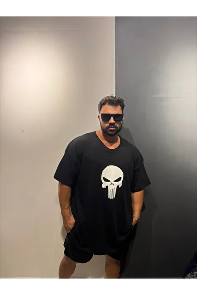 Bas Body FitnessWear Black Punisher V-Neck Oversized Large Size Combed Cotton T-Shirt
