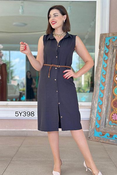 İnce Topuk Zero Sleeve Belted Linen Dress 5Y398