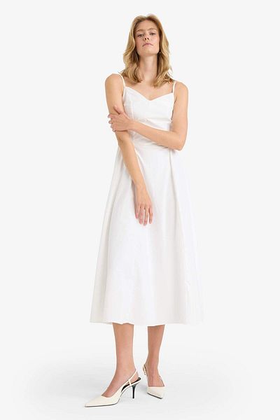 DeFacto V Neck Poplin Strap Midi Dress F7075Ax25Au