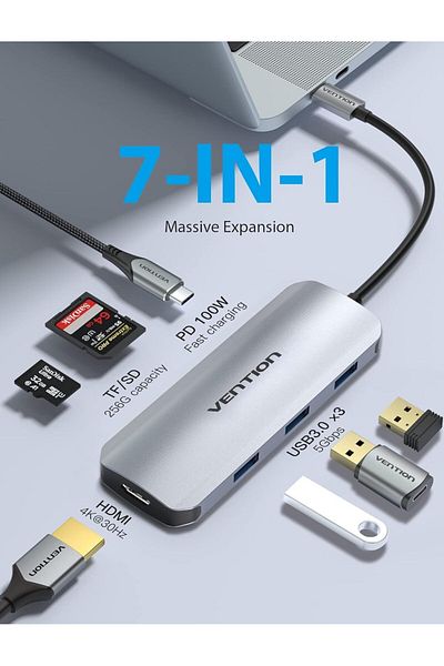 Vention 7-in-1 USB-C Docking Station 0.15M 4K@30Hz HDMI 5Gbps USB 3.0*3, SD/TF Card Reader