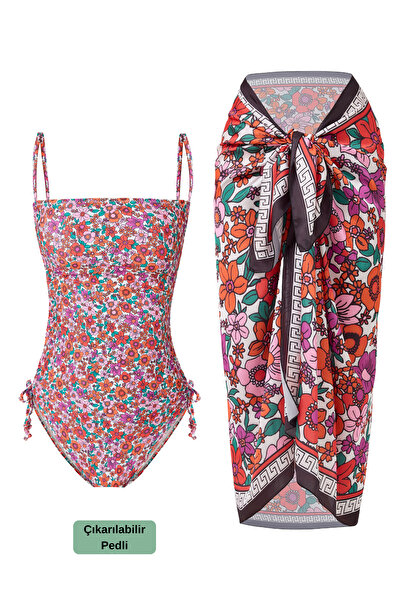 Behills Çiçek Desenli Büzgü Detaylı Ayarlanabilir Askılı Göğüs Pedli Brazilian 2li Mayo Pareo Set