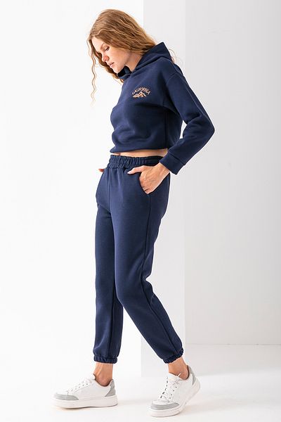 GİYSA Women's Hooded California Embroidered Stopper Detailed Tracksuit Set Navy Blue - 2606