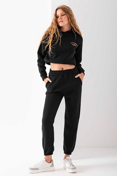 GİYSA Women's Hooded California Embroidered Stopper Detailed Tracksuit Set Black - 2606