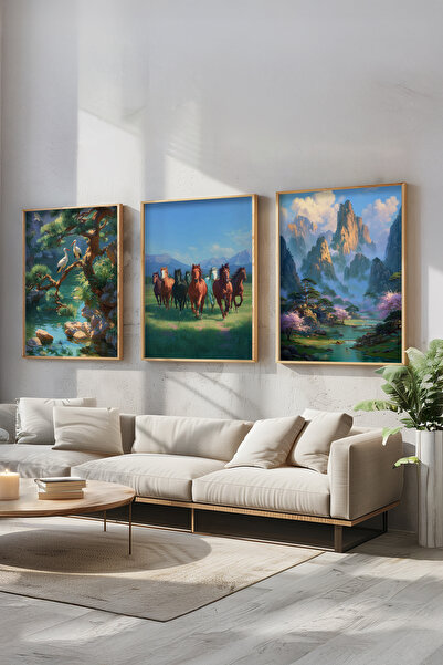 STARYUNA Ahşap Çerçeveli Üçlü Yağlı Boya Efektli Atlı Tablo Seti, salon tablo...