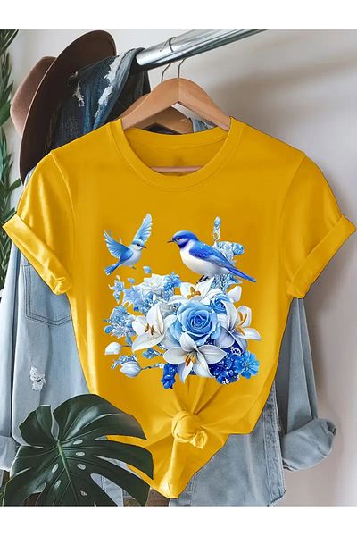 l'eivor Bird & Flower Printed Women's Cotton T-Shirt