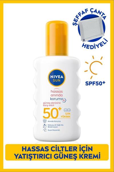 NIVEA SUN SPF50 Anında Hassas Güneş Koruyucu Vücut Spreyi 200ml, Çanta Hediyeli, Güneş Alerjisine Etkili