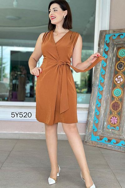 İnce Topuk Double Breasted Collar Zero Sleeve Side Tie Dress 5Y520