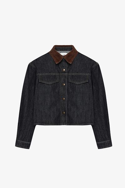Quzu Corduroy Collar Detailed Denim Jacket Navy Blue