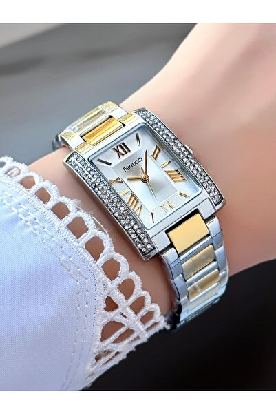 Ferrucci ساعة يد نسائية بسوار معدني مستطيل الشكل باللون الذهبي والفضي