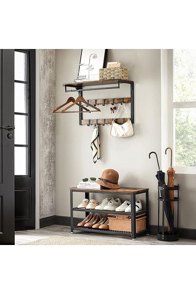 VASAGLE Wall-mounted coat rack, 10 removable hooks, clothes rail, 30x65x42cm, rustic brown and black