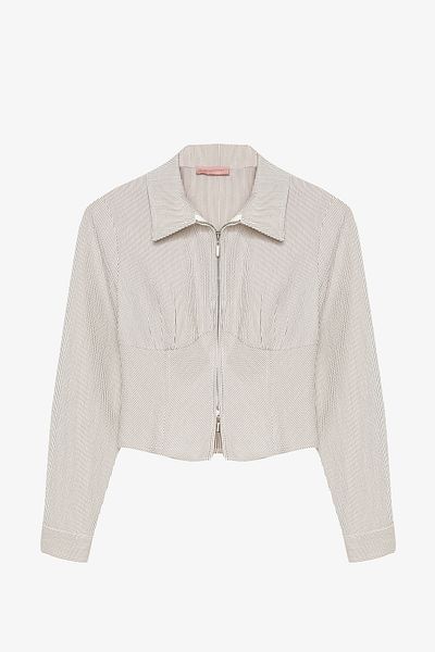 Quzu Front Zipper Shirt Collar Textured Blouse Ecru