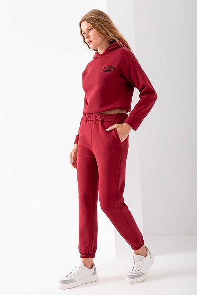 GİYSA Women's Hooded California Embroidered Stopper Detailed Tracksuit Set Claret Red - 2606