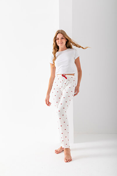 GİYSA Pantaloni de pijama de damă cu talie elastică cu model cireș alb - 2059