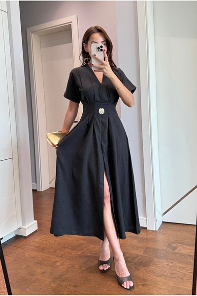ForOus Gold Button Slit Linen Short Sleeve V-Neck Zipper Dress Pinterest