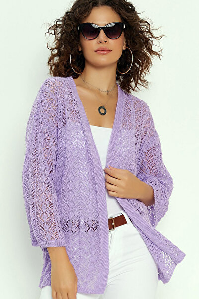 MissKybele V Yakalı Truvakar Çeyrek Kol Kapamasız Delikli Ajurlu Rahat Kesim İnce Triko Hırka