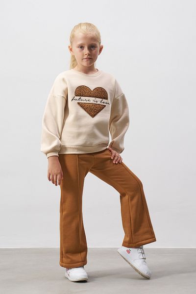 Minipodyum Heart Embroidered Leopard Patterned Girl's Top and Bottom Set