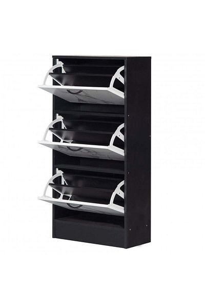BAITY 3-Tier Shoe Cabinet Malaysian Wood Black and White Marble