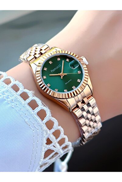 Ferrucci Rose Gold Yeşil Kadran Metal Kordon Takvimli Kadın Kol Saati
