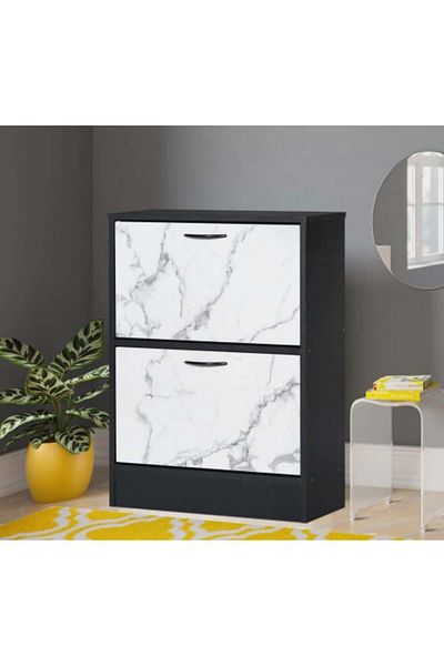 BAITY Two-storey shoe cabinet made of Malaysian wood in black with beautiful white marble
