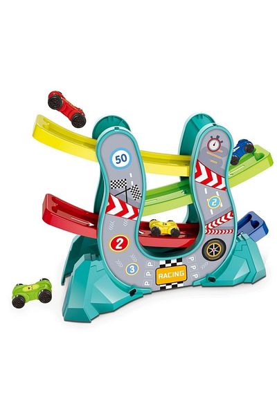 Mixbo Racing Track with Garage, Plastic, 3 Tracks, 12 Pieces, 3 Years+, Multicolor