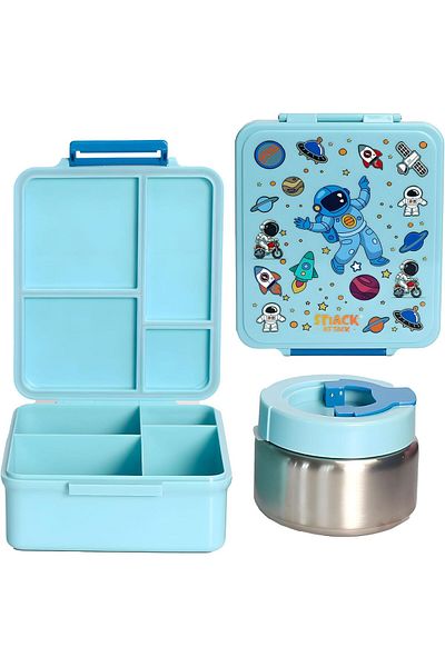 Snack Attack Kids Bento Lunch Box with Thermos Jar – Leakproof Stainless Steel 4 Compartment Lunch