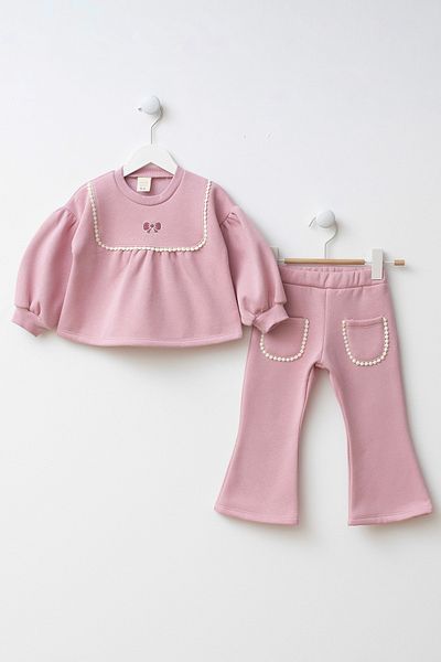 Minipodyum Bow Detailed Embroidered Pocket Girl's Top and Bottom Set