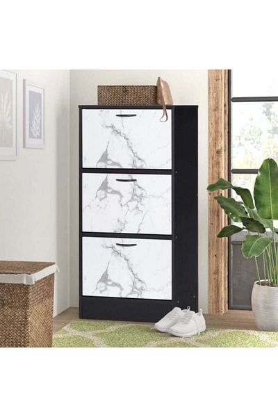 BAITY 3-Tier Shoe Cabinet Malaysian Wood Black and White Marble
