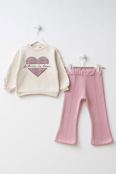 Minipodyum Heart Embroidered Leopard Patterned Girl's Top and Bottom Set