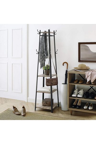 VASAGLE Clothes rack with 3 shelves, hook stand, steel, 43x43x180 cm, industrial style, gray