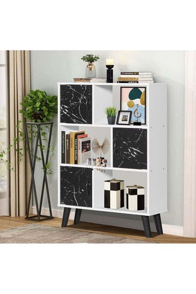 BAITY Malaysian Wood Three-Shelf Divided Bookcase In Marble Black And White