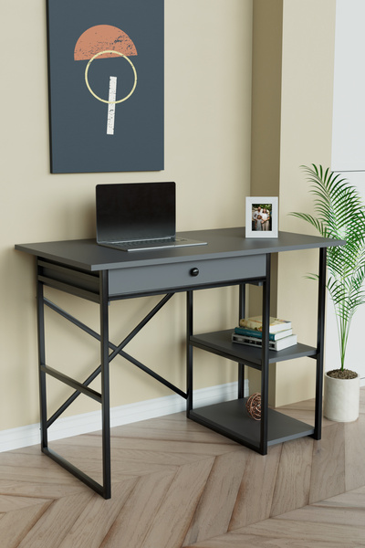 Hediyeler Kapında Çekmeceli Ve 2 Raflı Çalışma Masası 110x60 Cm Antrasit - Si...