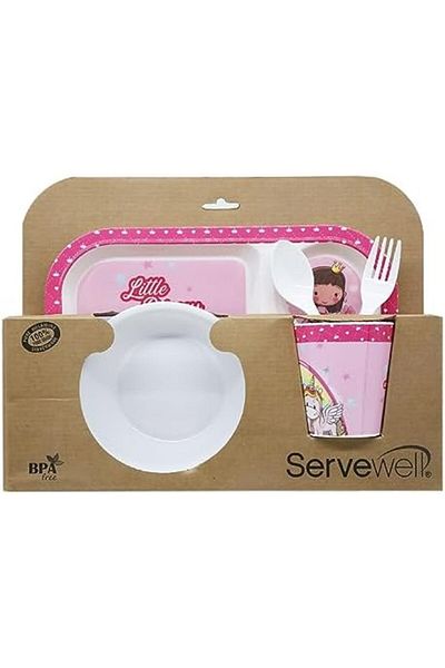 Servewell Melamine Kids 5-Pcs Set – 11" Plate, 5.5" Bowl, 3.2"x2.2" Tumbler, 6.3" Spoon & Fork