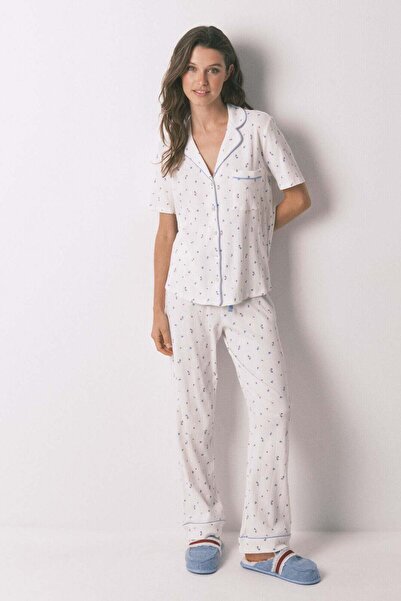 Women'secret بيجاما كلاسيكية من القطن باللون الأبيض المزهر