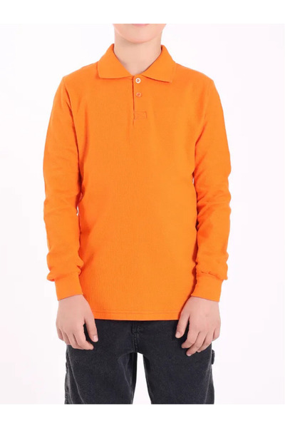 ModAras Children's Polo Collar Casual-School Double Button Orange T-Shirt Long Sleeve - Orange - Arassaki-Pio-Iuz-Co-Tu