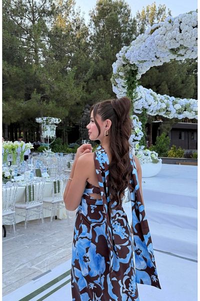 ForOus Patterned Strapless Satin Dress with Elastic Chest, Scarf and Zipper Back Window Detail