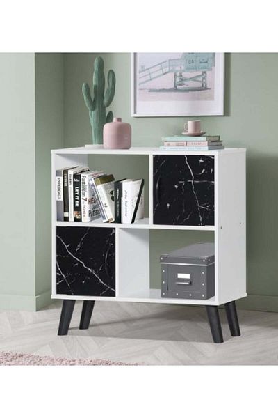 BAITY Multi-Purpose Bookshelf - 2 Shelves Malaysian Wood White and Black Marble