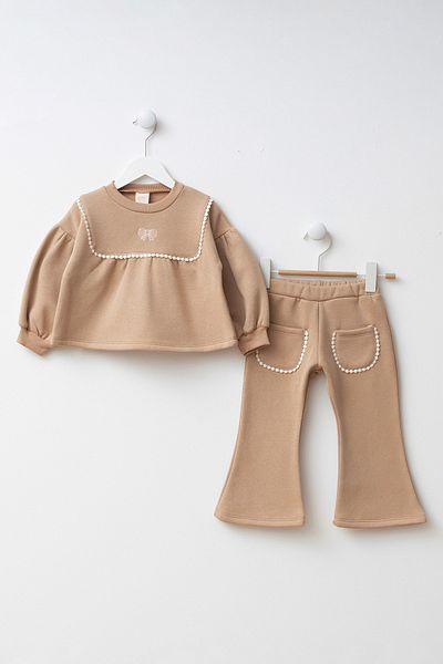 Minipodyum Bow Detailed Embroidered Pocket Girl's Top and Bottom Set