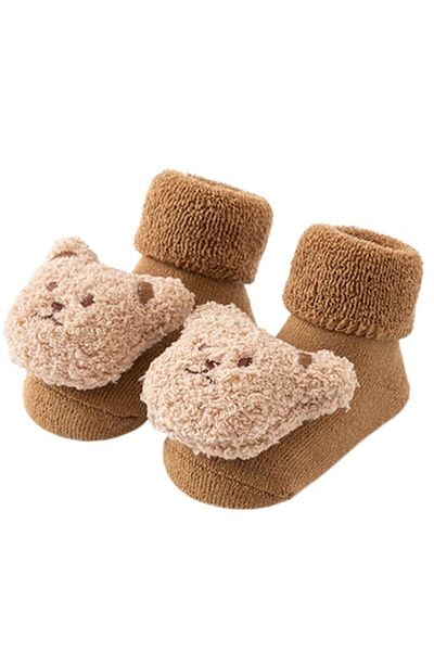 OEM Fleece Socks with Attached Toy, Non-Slip Sole, Bear Design, Brown 6-12 Months (11.5 cm)