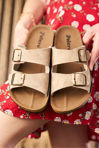 Nstil Daily Women - Men Double Buckle Banded Patterned Cork Sole Slippers 245 - 77734 - 34132